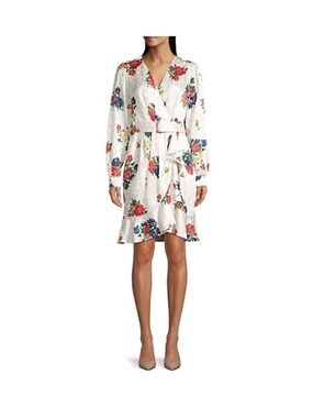 Tory Burch White Floral Wrap Dress with Red and Blue Blooms